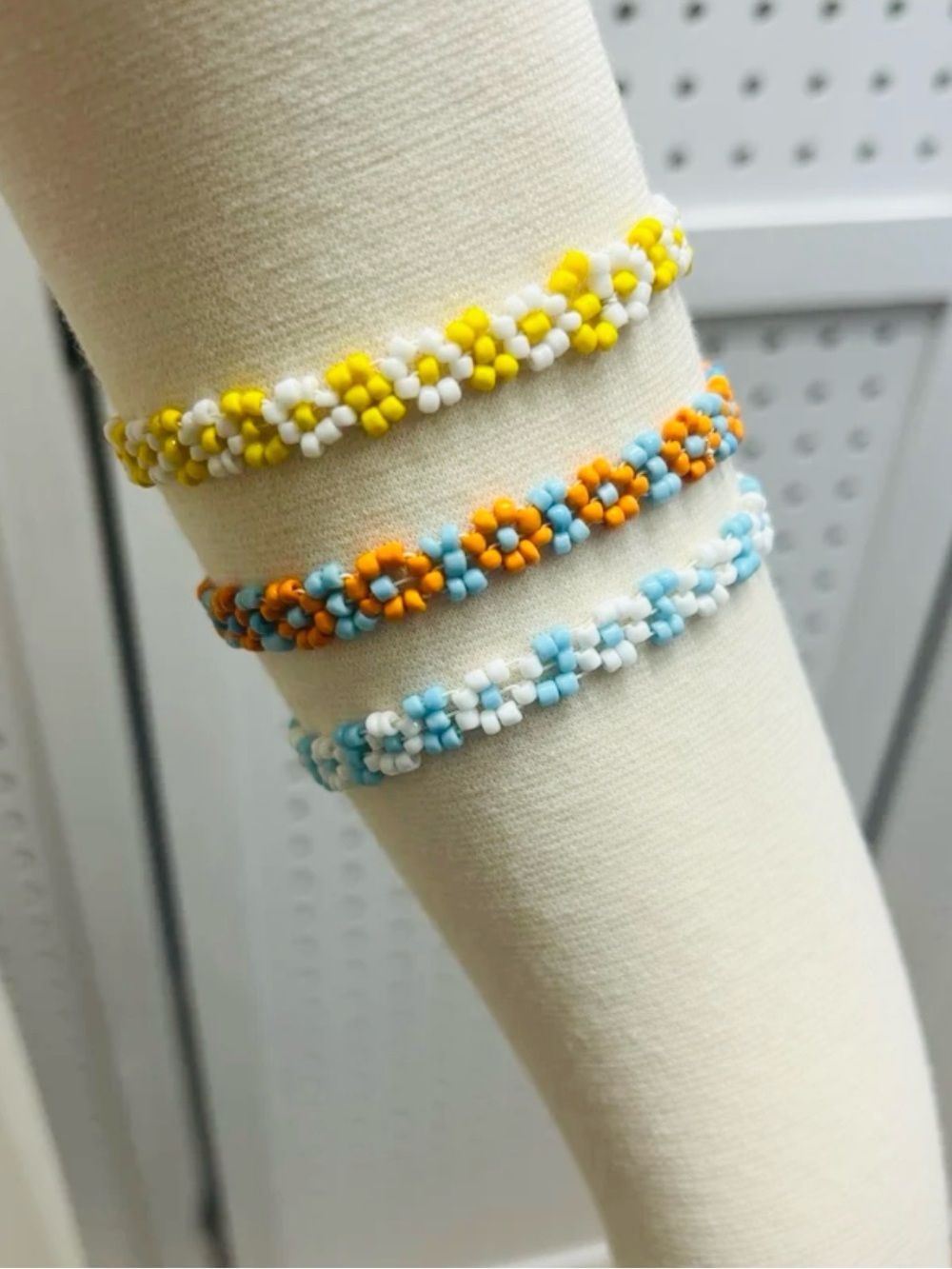 Handmade Beaded Flower Bracelet Set - Yellow, Orange & Blue